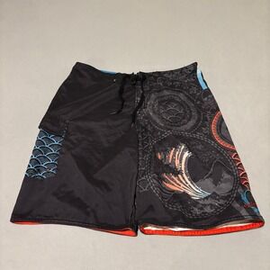 Quiksilver Mens Board‎ Shorts Size 36 Black Graphic Wave Skull Surf Trunks